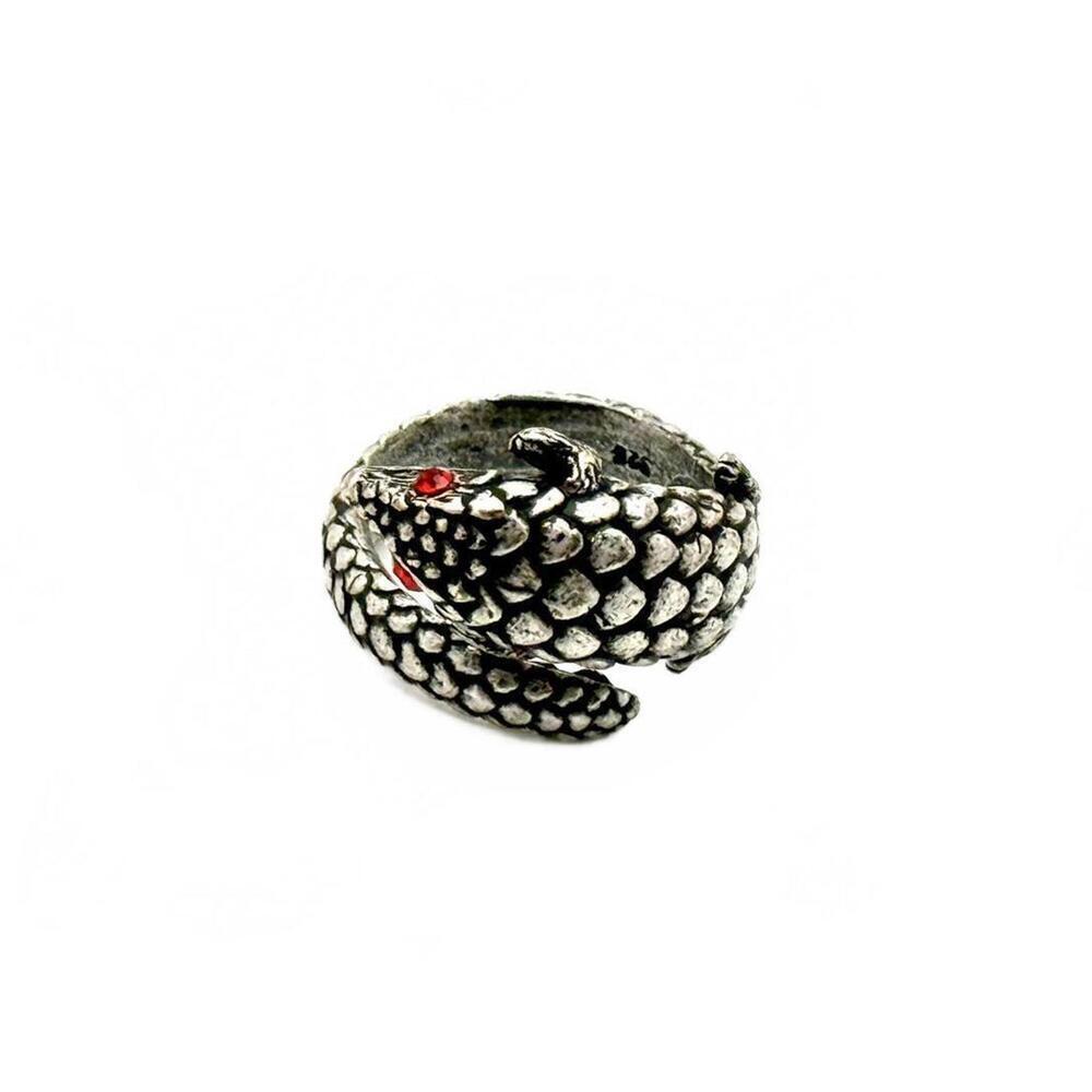 Vintage Silver Tone Pangolin Ring with Red Eyes Scales Armadillo-Style Size 6